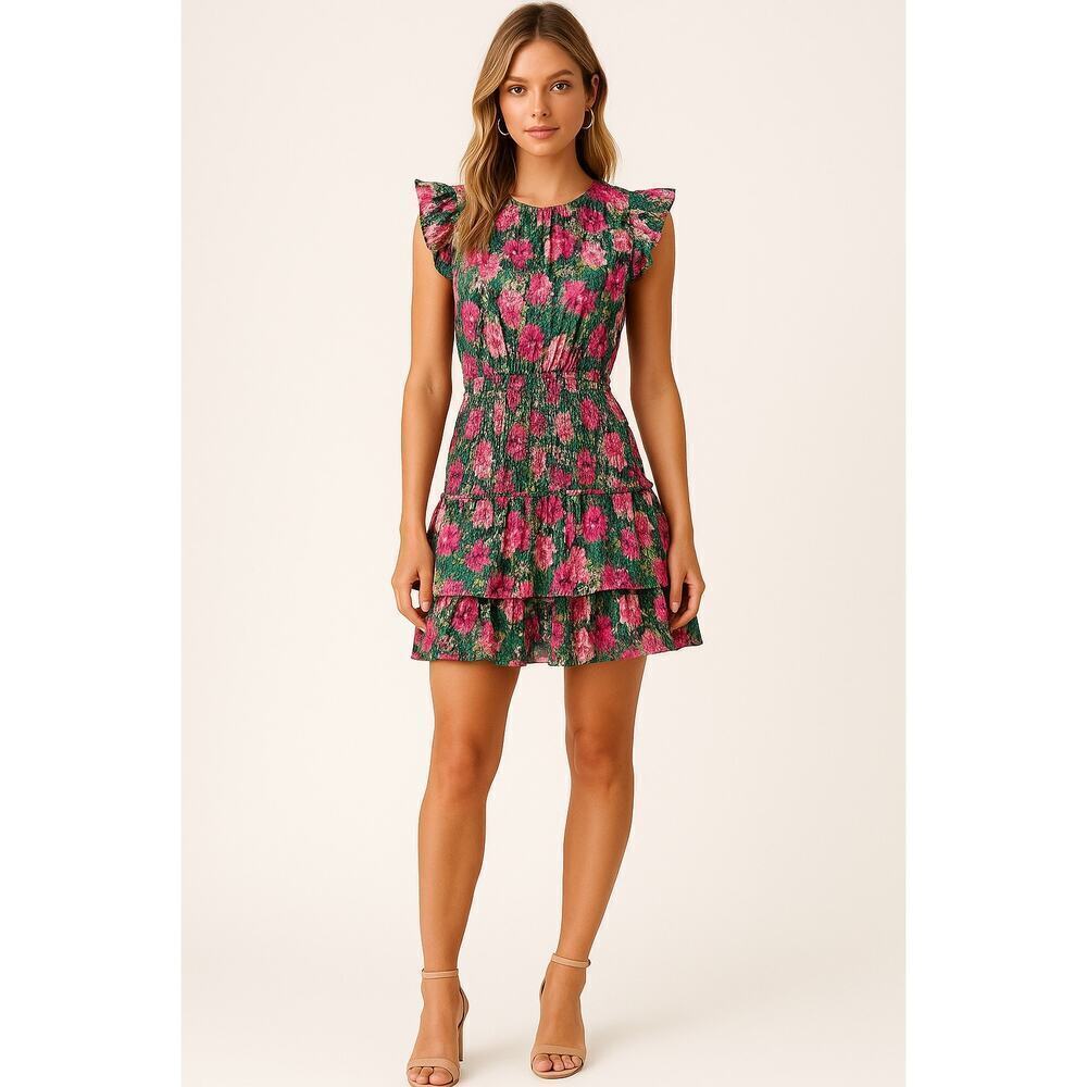 TCEC Pink Green Floral Ruffle Tiered Mini Dress Size L